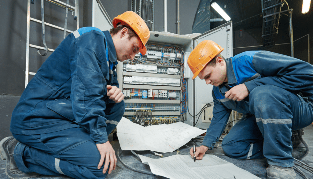 deux électriciens devant un tableau électrique qui regardent des plans