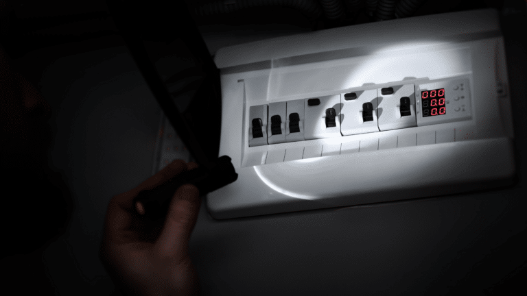 personne qui éclaire son tableau électrique à l'aide d'une lampe torche