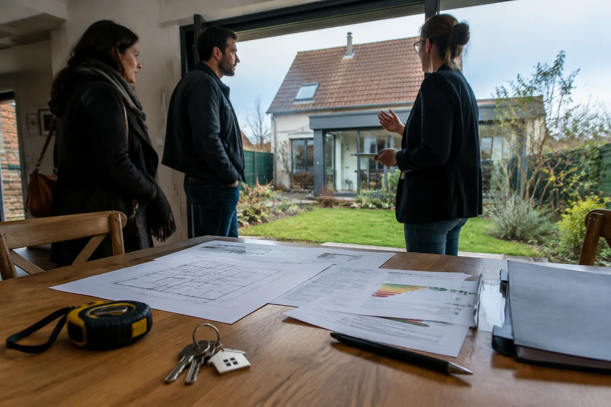 Visite réaliste d’une maison avant compromis avec documents immobiliers et contrôle des équipements