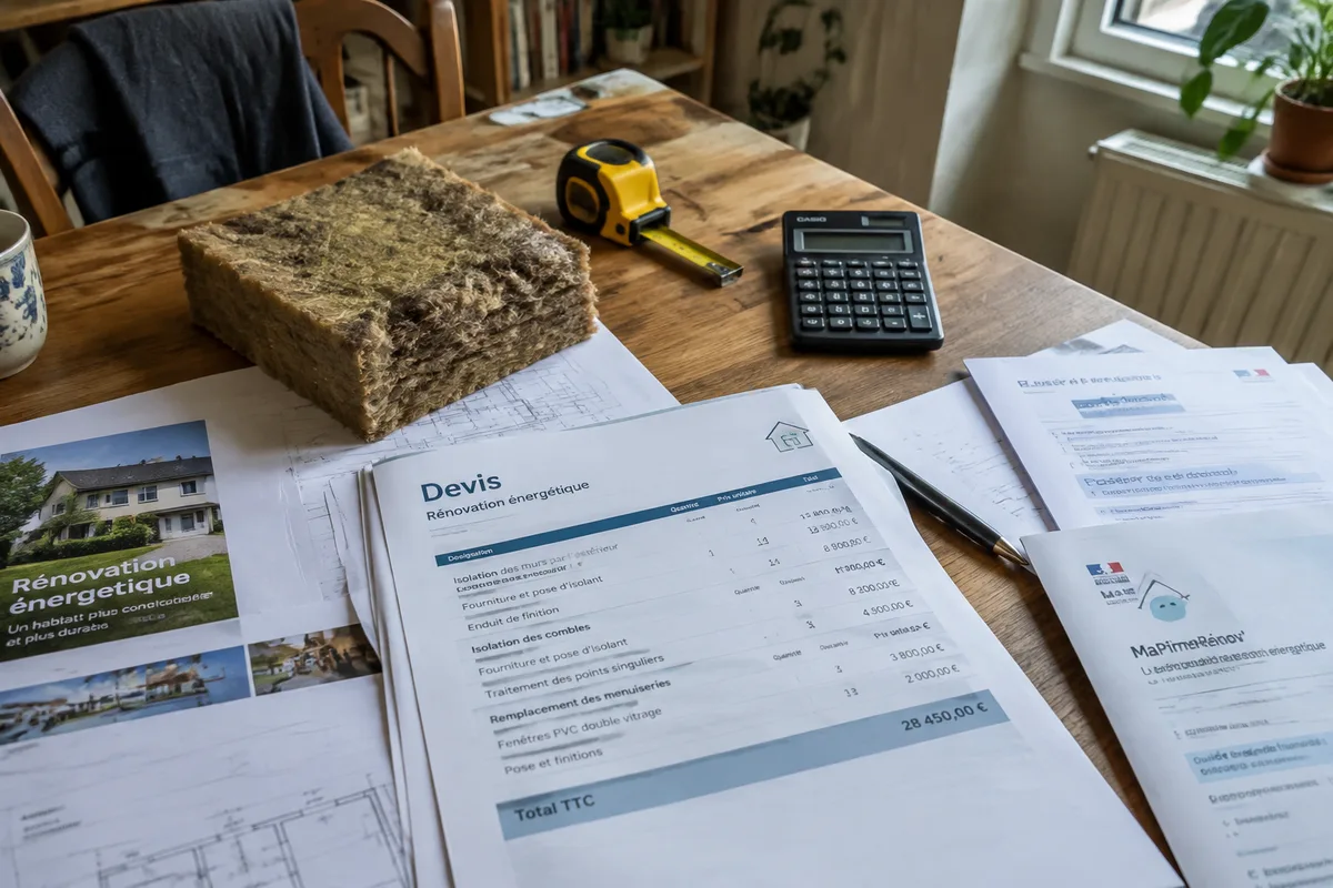 Dossier de travaux de rénovation énergétique avec devis, échantillon d’isolant et mètre ruban sur une table