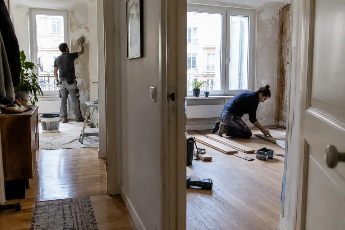 Artisans intervenant dans un logement en rénovation, avec les zones de travail dégagées pour organiser le chantier
