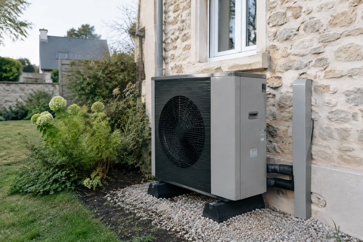 Pompe à chaleur air-eau installée à l’extérieur d’une maison avec raccordements protégés