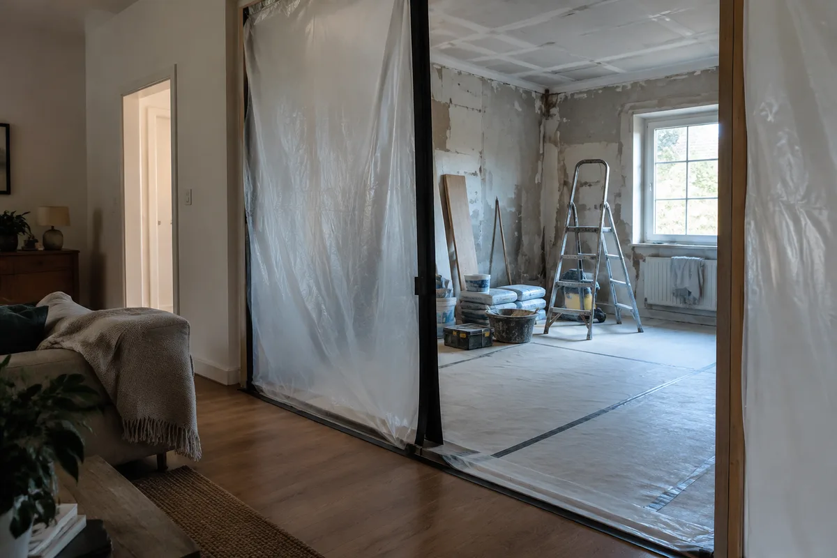 Rénovation d’une maison habitée avec une pièce de vie protégée pendant les travaux