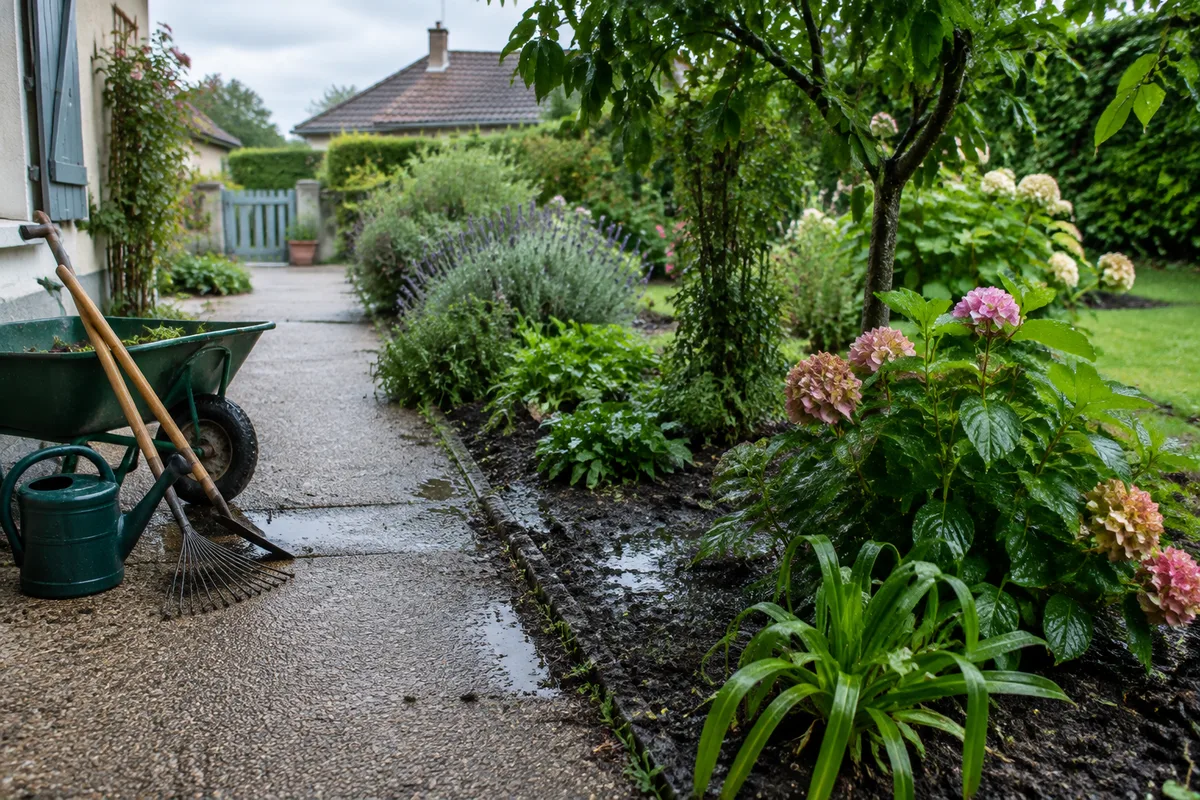 Jardin humide après la pluie avec outils d’entretien posés sur une allée sèche