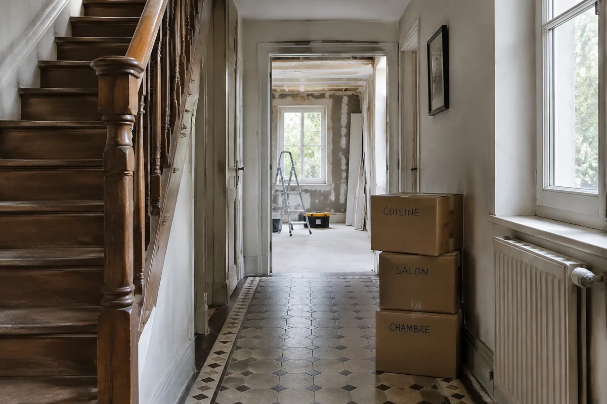 Entrée dégagée d’une maison vide préparée pour l’accès des artisans