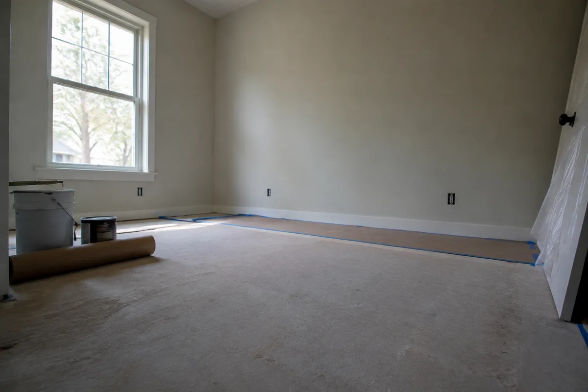 Chambre en rénovation avec murs peints et sol encore protégé avant la pose du parquet